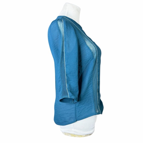 Zara W&B Collection Teal Sheer Mesh Panel Keyhole Back 3/4 Sleeve Blouse - Small - Picture 6 of 16